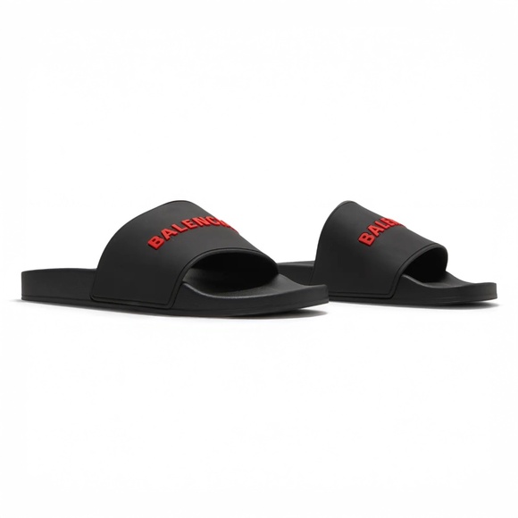 Balenciaga Black Red Pool Slide Sandals Men’s Rubber Logo - NEW - EU 41 | US 8 - Picture 1 of 16